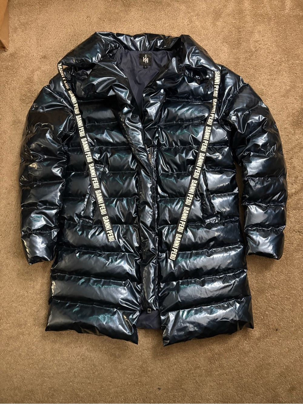 Banni Peru Puffer Coat Womens Large Black Patent Quilted Long Jacket Glossy
